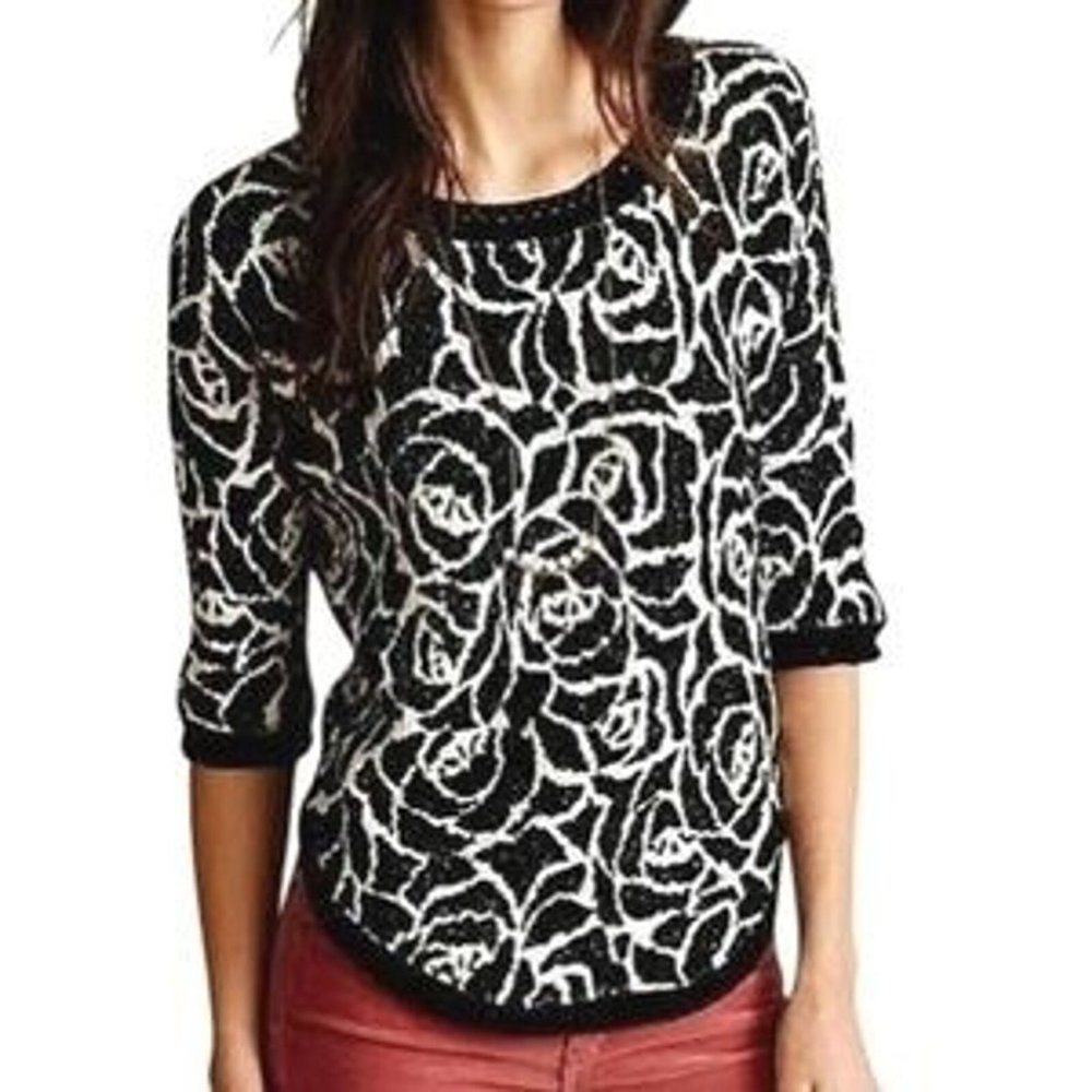 Moth Sweater by Anthro Anthropologie Rose Floral black white blend 3/4 sleeve L